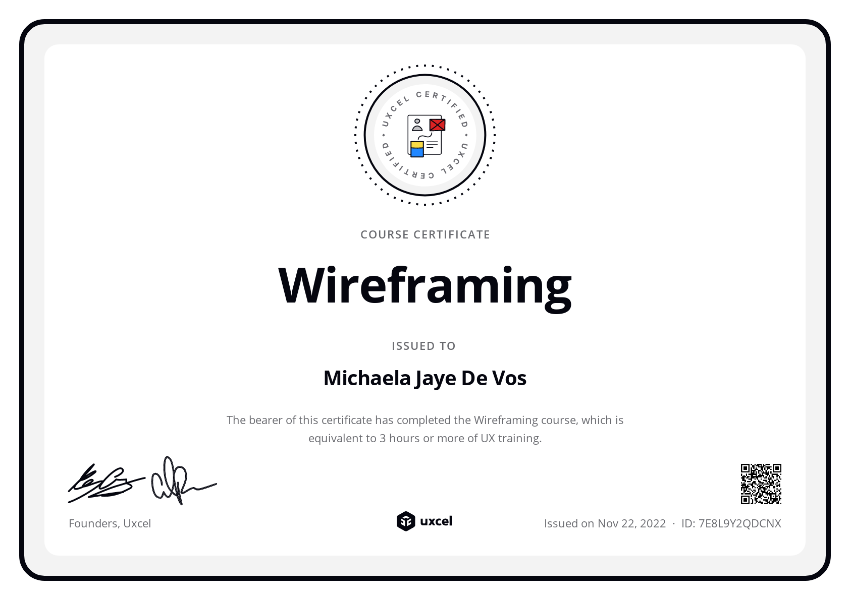 Michaela Jaye's certificate
